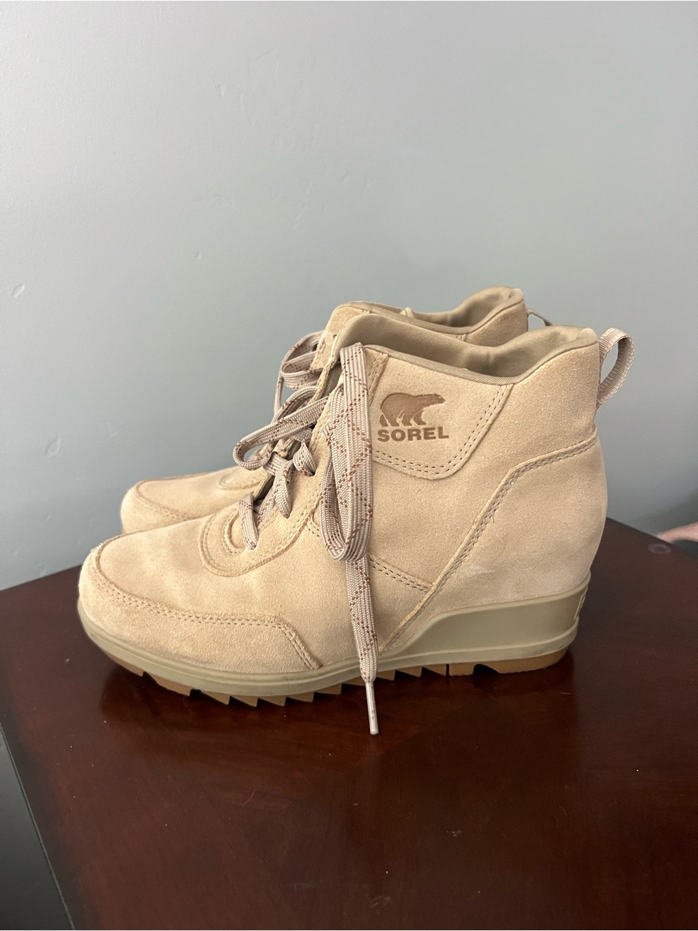 Sorel Beige Lace-Up Wedge Ankle Boots